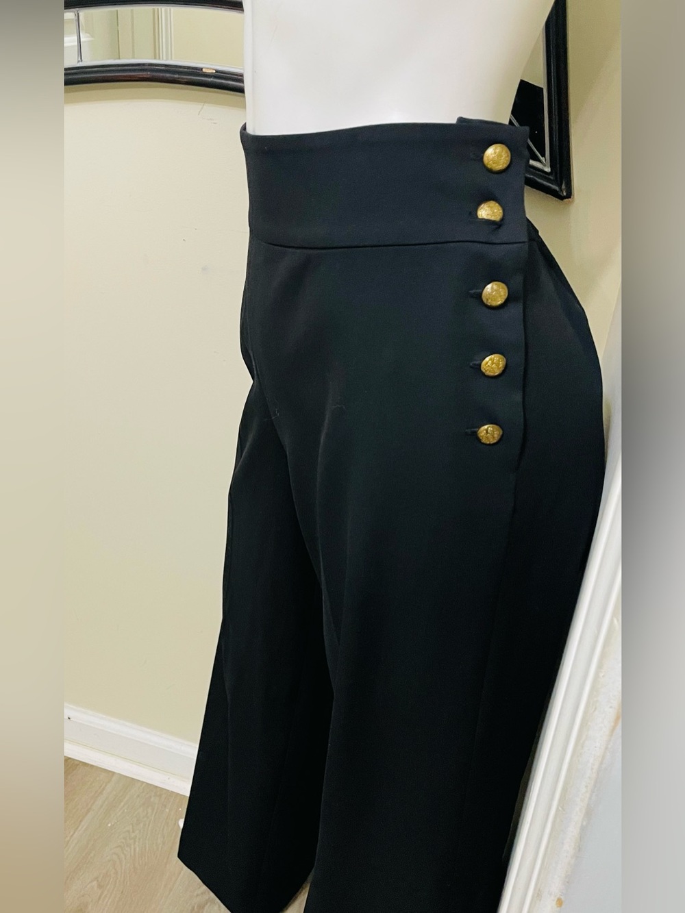Ralph Lauren Black High-Waist Wide-Leg Pants with Gold Buttons